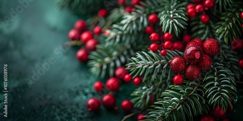 Beautiful Christmas Background with green fir tree brunch close up. Copy space