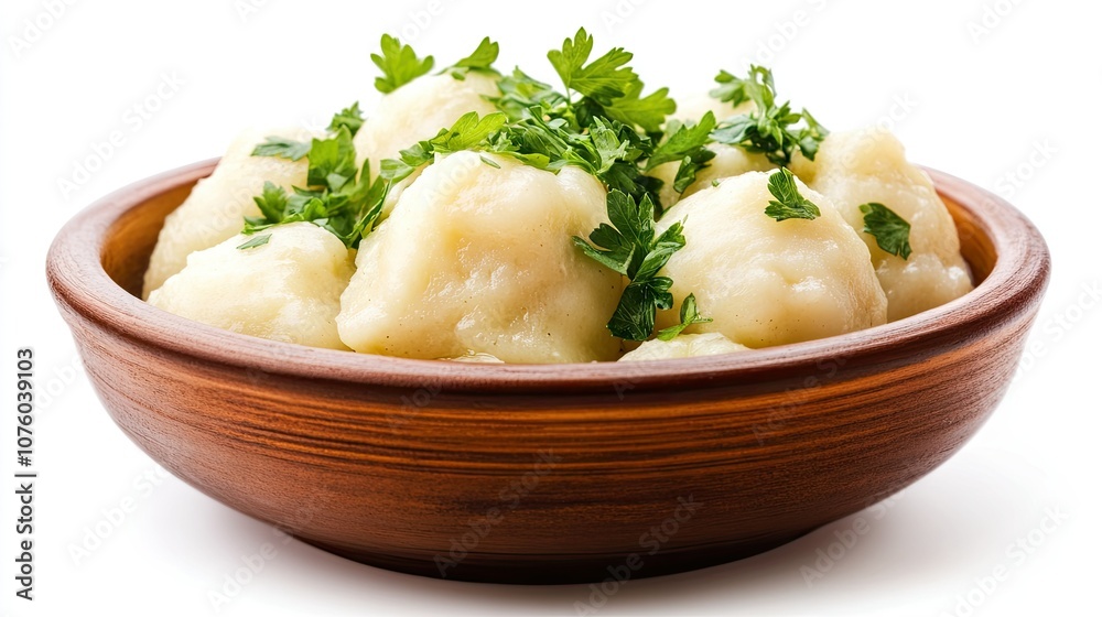 Brown Bowl of Dumplings with Fresh Herbs Brown Bowl of Dumplings with Fresh Herbs
