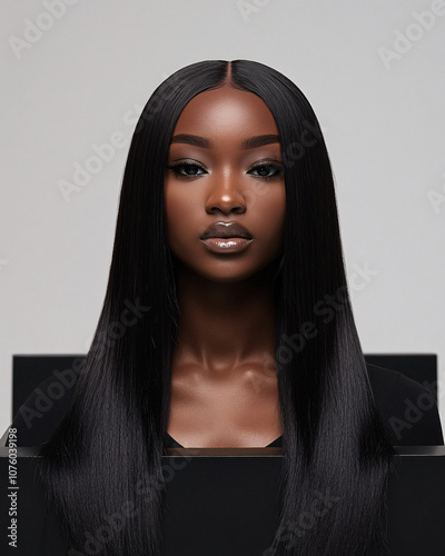 beautiful black woman with long straight hair looking at camera