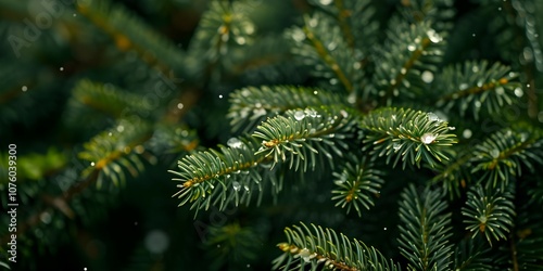 Beautiful Christmas Background with green fir tree brunch close up. Copy space
