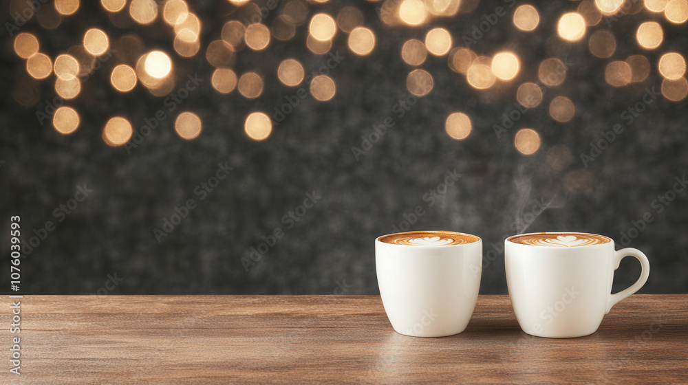 Steaming coffee cups on wooden table create cozy atmosphere with warm bokeh lights in background, perfect for relaxation and enjoyment Steaming coffee cups on wooden table create cozy atmosphere with warm bokeh lights in background, perfect for relaxation and enjoyment