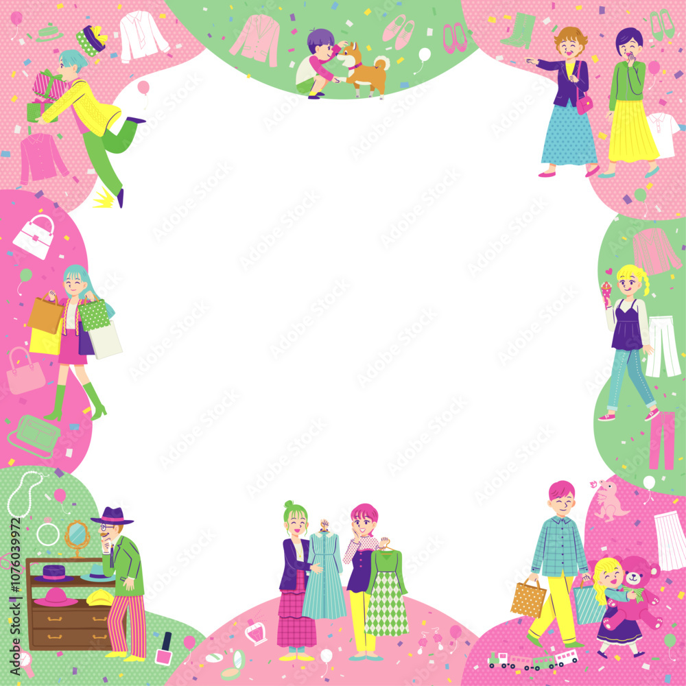 Obraz premium ショッピングする人々 フラットデザイン 正方形 春