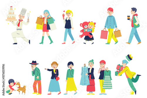 ショッピングする人々　フラットデザイン　セット