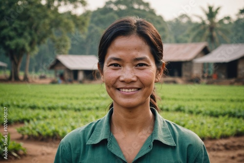 Close portrait of a smiling 40s Cambodian female farmer standing and looking at the camera, outdoors Cambodian rural blurred background photo