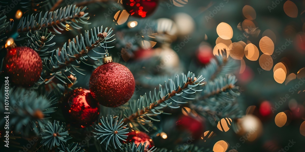 Beautiful Christmas Background with green fir tree brunch and red glittery toy close up. Copy space Beautiful Christmas Background with green fir tree brunch and red glittery toy close up. Copy space