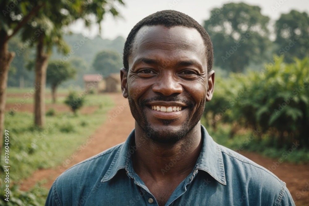 Close portrait of a smiling 40s Central African male farmer standing and looking at the camera, outdoors Central African rural blurred background Close portrait of a smiling 40s Central African male farmer standing and looking at the camera, outdoors Central African rural blurred background