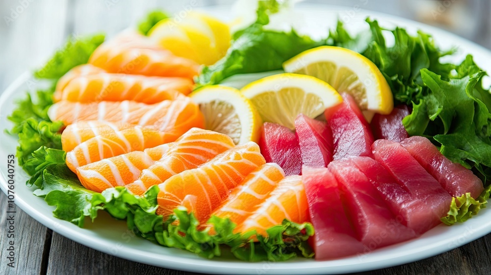 Colorful Fresh Sashimi Plate with Lemon and Greens Colorful Fresh Sashimi Plate with Lemon and Greens