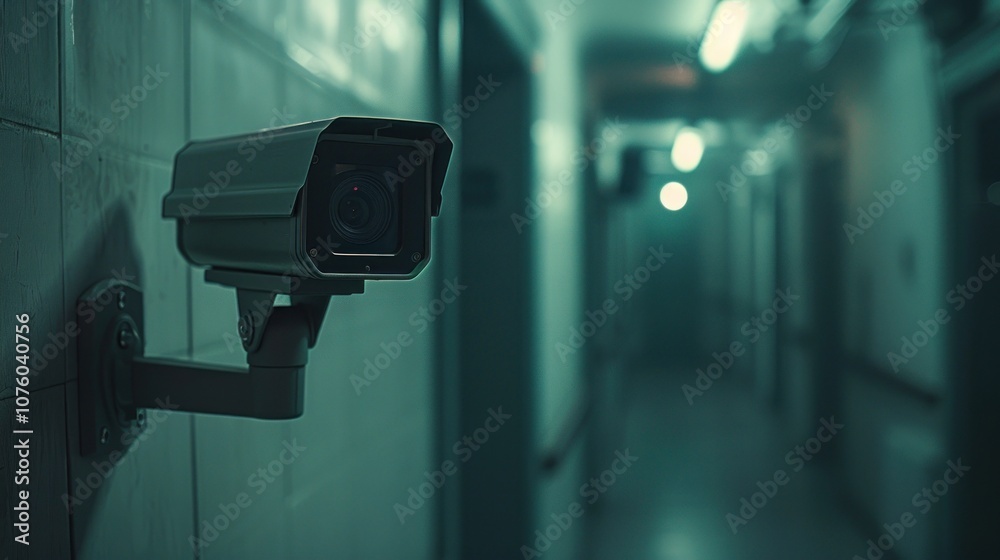 A detailed perspective of a security camera lens set against a blurred hallway, exemplifying bank security and surveillance technology A detailed perspective of a security camera lens set against a blurred hallway, exemplifying bank security and surveillance technology