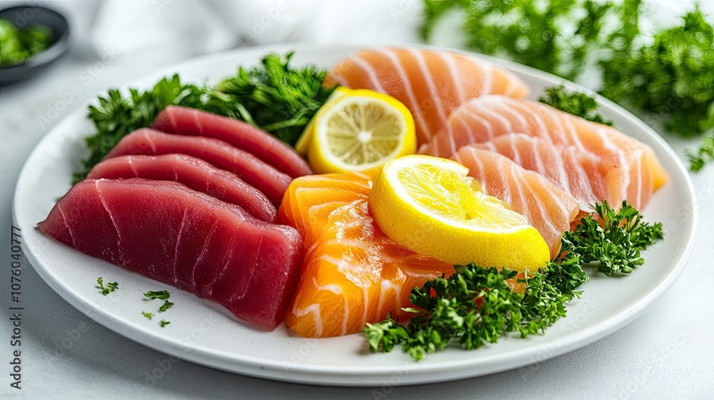 Fresh Sashimi Assortment with Lemon and Greens Fresh Sashimi Assortment with Lemon and Greens