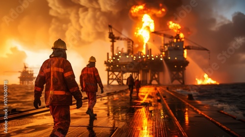 Workers Responding to Oil Rig Fire at Night