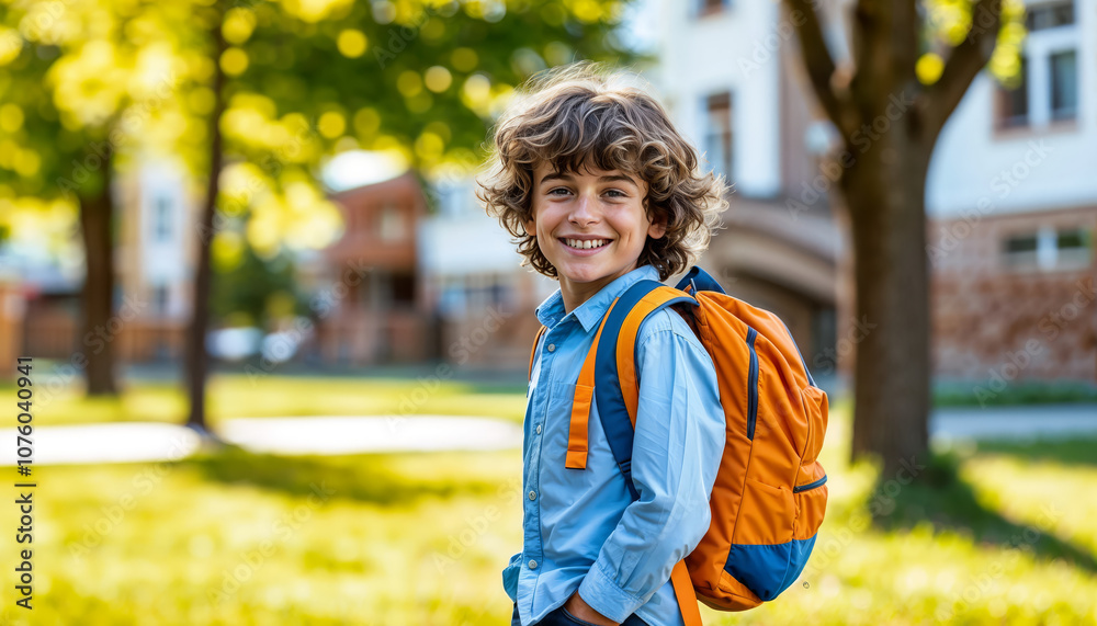 Smiling Schoolboy With Backpack in a Sunny Park Smiling Schoolboy With Backpack in a Sunny Park
