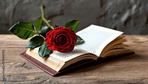 Romantic Red Rose on Open Book on Wooden Table