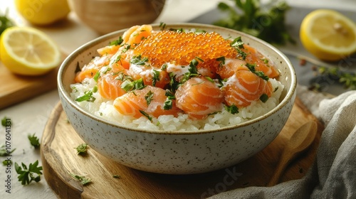 Luxurious Japanese Donburi with Fresh Salmon and Caviar photo