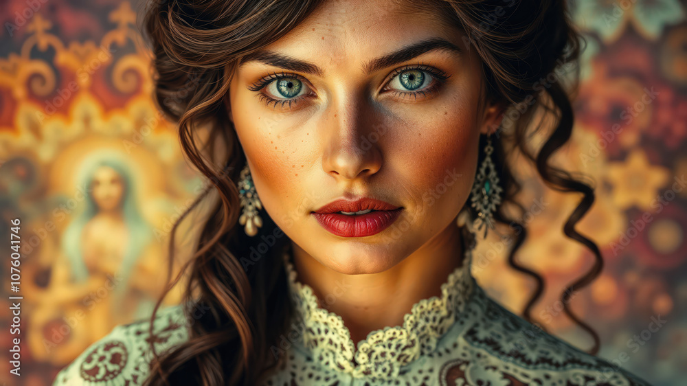 Fototapeta premium Elegant Woman in Lace Dress with Artistic Background