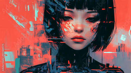 Digital, futuristic, stylish and cool Japanese anime-style illustrations that seem to be inspired by generative AI.