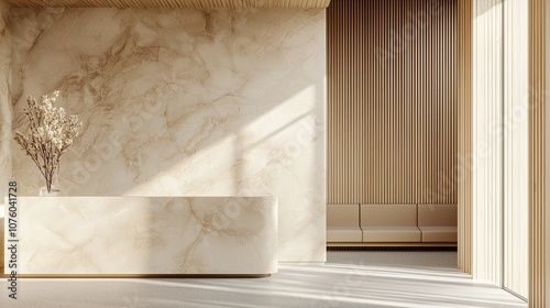 A luxury, modern reception area in a beauty salon with beige wood paneling on the walls and a white marble counter, designed for a medical clinic interior