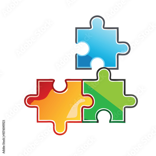 Colorful puzzle pieces icon interconnected, symbolizing teamwork, solutions, and collaboration.