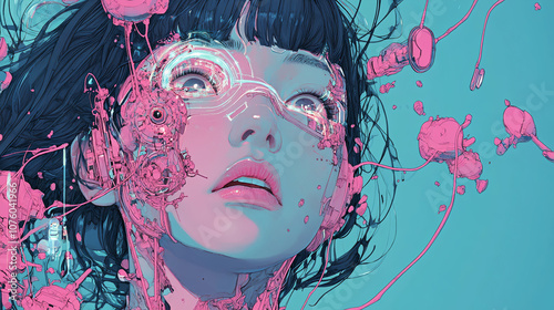 Digital, futuristic, stylish and cool Japanese anime-style illustrations that seem to be inspired by generative AI.