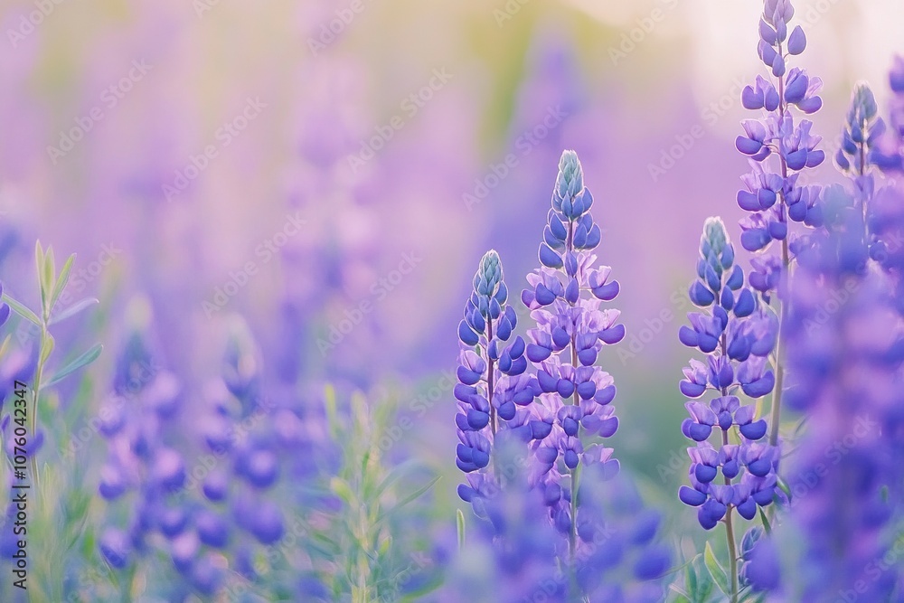 Field of purple flowers with bright sun in the background. The scene is peaceful and serene, background for design works. Spring joyful background. Field of purple flowers with bright sun in the background. The scene is peaceful and serene, background for design works. Spring joyful background.