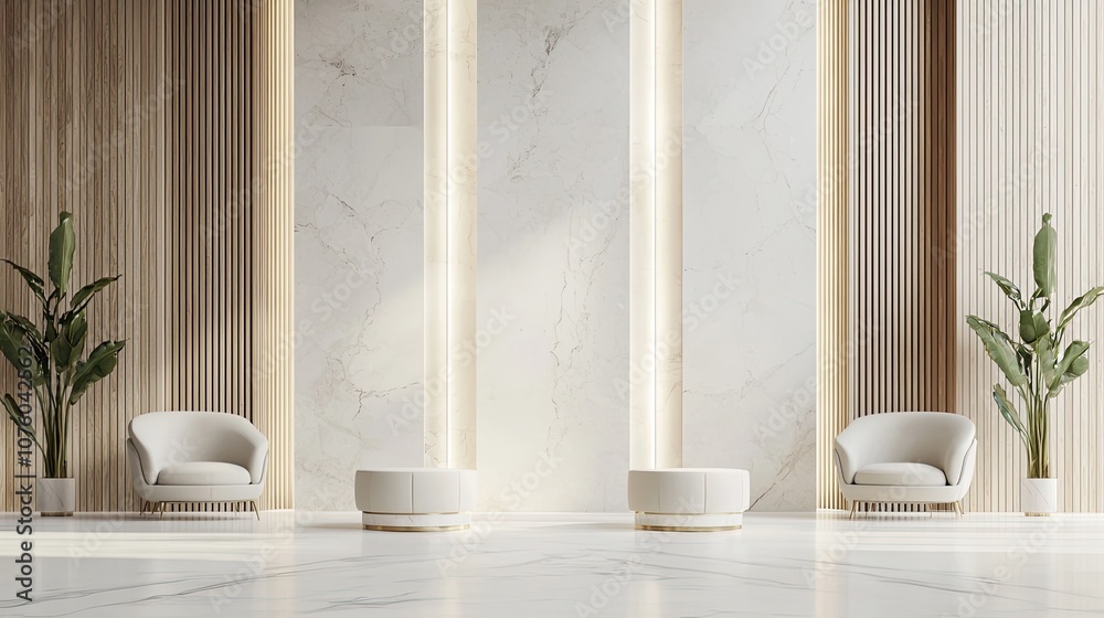A modern reception area interior design in a light beige color with a marble wall and white floor, an office lobby entrance front view A modern reception area interior design in a light beige color with a marble wall and white floor, an office lobby entrance front view