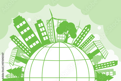 Green silhouette of city buildings, trees, wind turbines and solar battery around circle. Round city or small planet. Urban life in abstract cartoon style.
