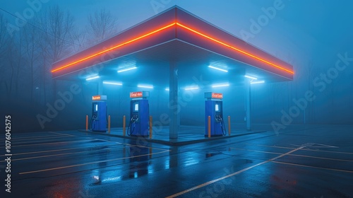 A blue neon-lit gas station in the middle of nowhere, shrouded in fog, a liminal space, eerie and atmospheric. photo