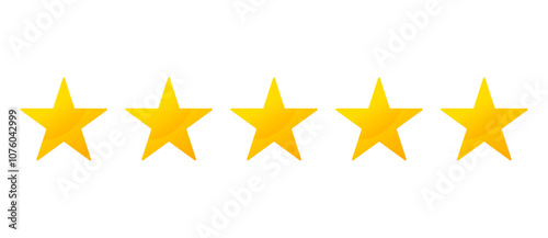 Five stars customer product review icon set. Five stars rating. Yellow 5 star flat icon for apps and websites. Quality, customer rating, feedback. Transparent png and vector illustration