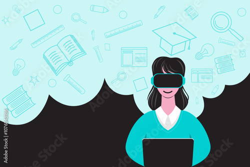Abstract girl sitting at a laptop in VR glasses, surrounded by education-related icons. Concept of education using modern technologies and virtual reality. Futuristic learning experience.