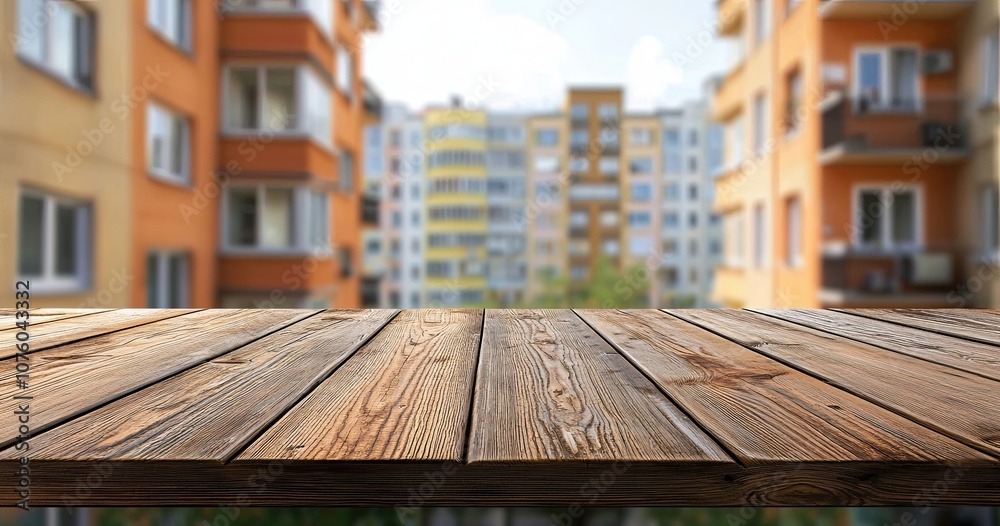 Empty wooden table top with a blurred background of a window and apartment building in the city, for a product display montage Empty wooden table top with a blurred background of a window and apartment building in the city, for a product display montage