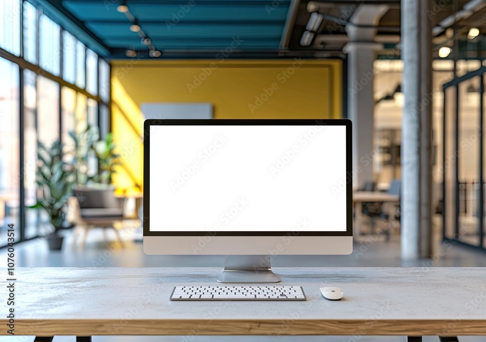 Modern open-plan office interior with a white concrete floor, glass walls, and wooden furniture. On the table is a computer monitor mockup with a blank screen Modern open-plan office interior with a white concrete floor, glass walls, and wooden furniture. On the table is a computer monitor mockup with a blank screen