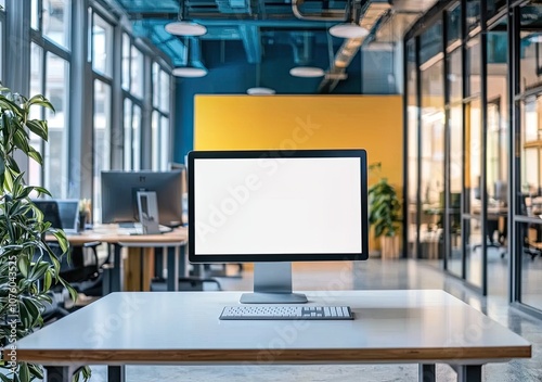 Modern open-plan office interior with a white concrete floor, glass walls, and wooden furniture. On the table is a computer monitor mockup with a blank screen