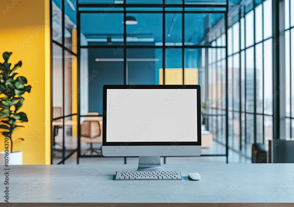 Fototapeta premium Modern open-plan office interior with a white concrete floor, glass walls, and wooden furniture. On the table is a computer monitor mockup with a blank screen