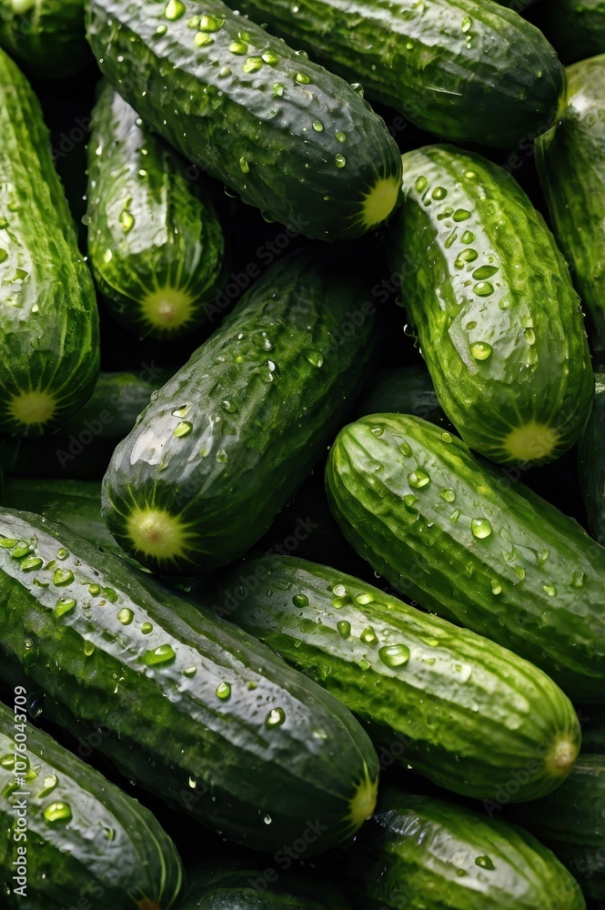 Close-up of fresh cucumbers with water droplets indicating freshness Close-up of fresh cucumbers with water droplets indicating freshness