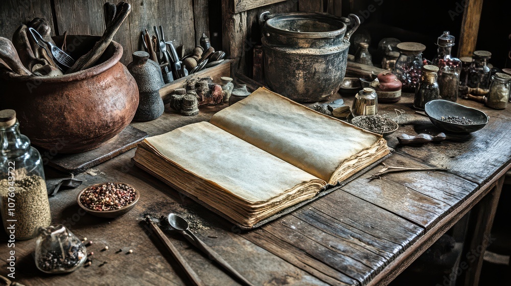 Warm Cookbook on Rustic Counter with Utensils and Spices Warm Cookbook on Rustic Counter with Utensils and Spices