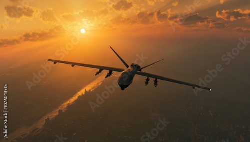 High-Tech Drone Soaring Through a Vibrant Sunset Sky