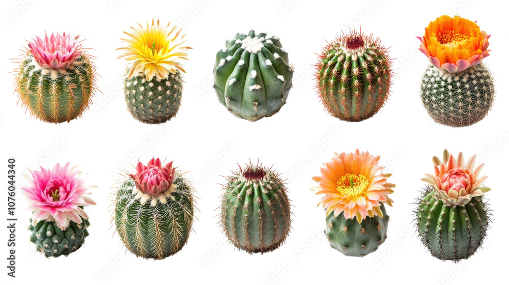 Fototapeta premium Colorful cacti with blooming flowers, white isolate background.