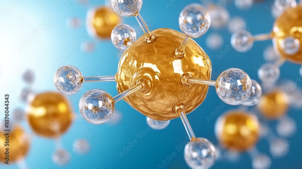 Abstract Gold Molecule 3D Render on Blue Background Abstract Gold Molecule 3D Render on Blue Background