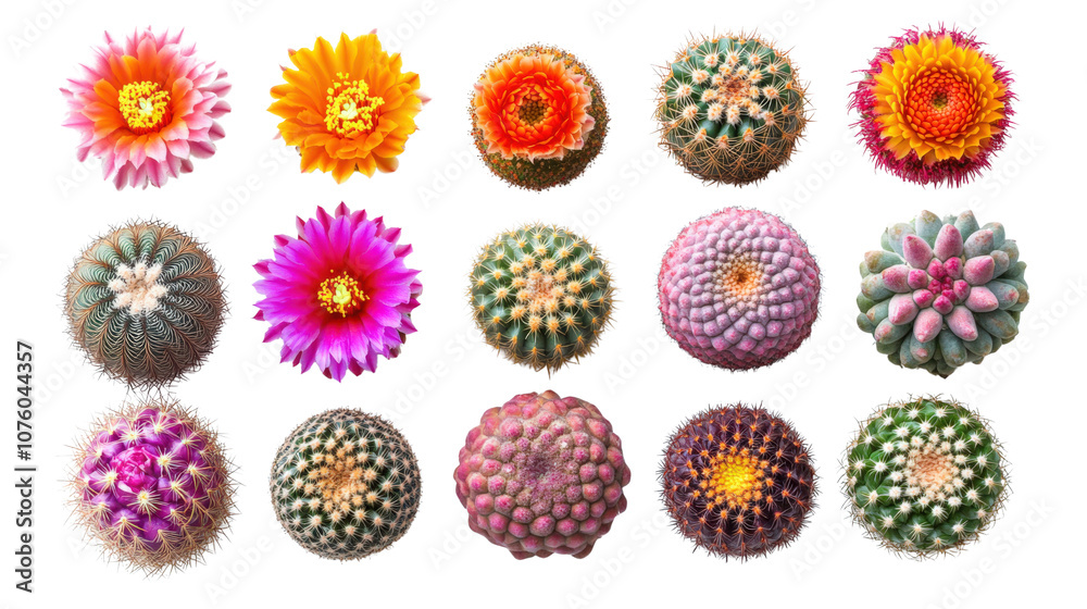 Colorful collection of various cacti with vibrant flowers on a white isolated background. Colorful collection of various cacti with vibrant flowers on a white isolated background.