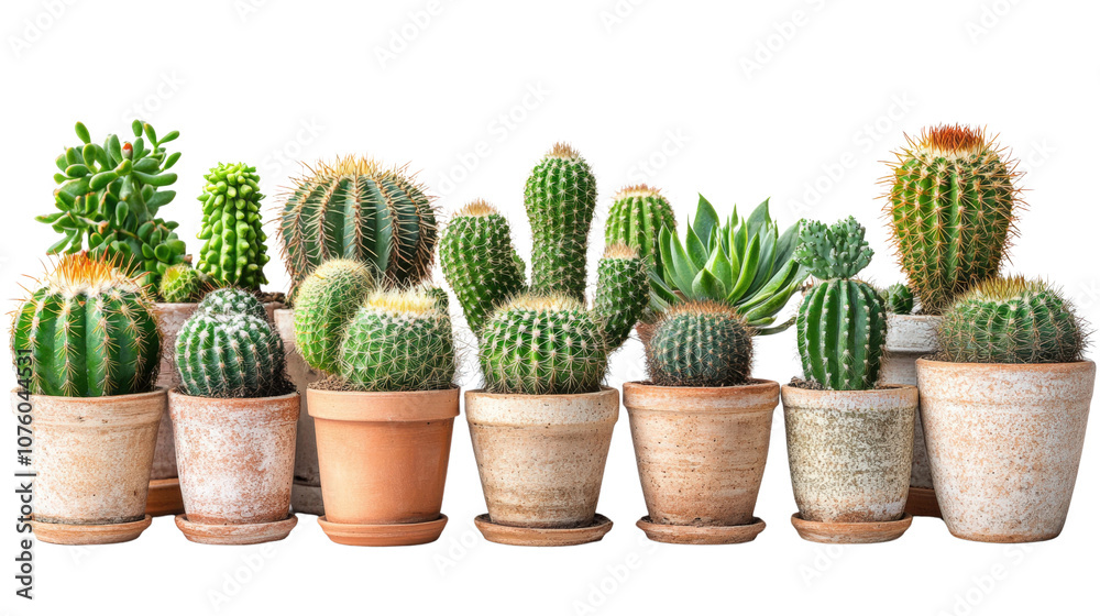 Various cacti in terracotta pots, isolated on white background. Various cacti in terracotta pots, isolated on white background.