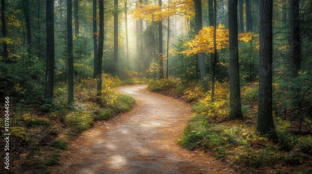 Fototapeta premium A winding forest path illuminated by soft light, surrounded by autumn foliage.
