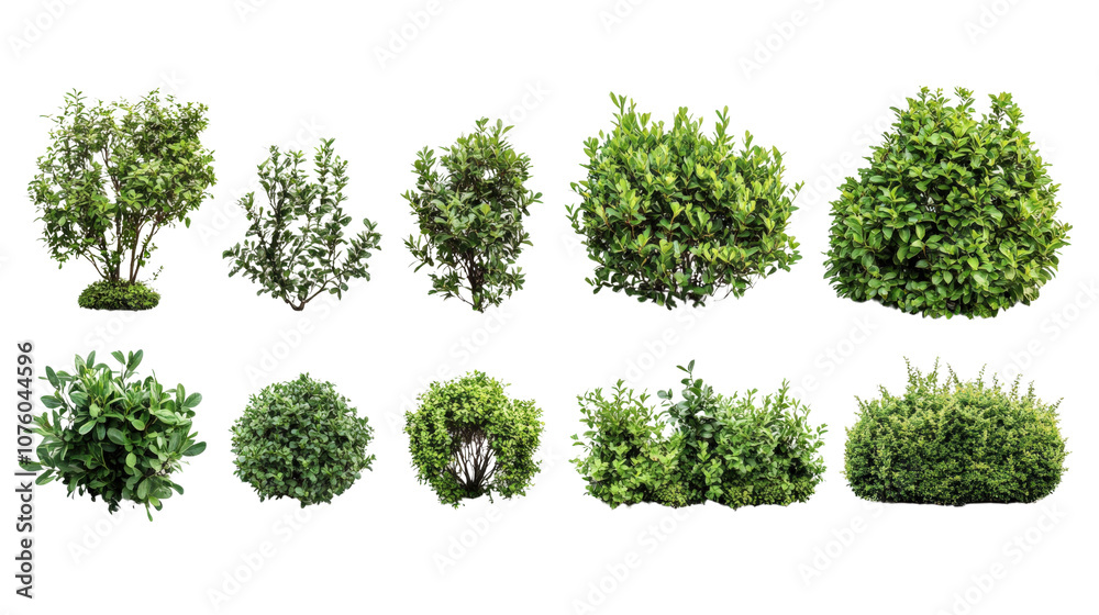 Fototapeta premium Various types of lush green bushes, white isolate background.