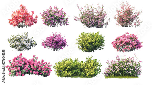 Various colorful flowering shrubs isolated on a white background. photo