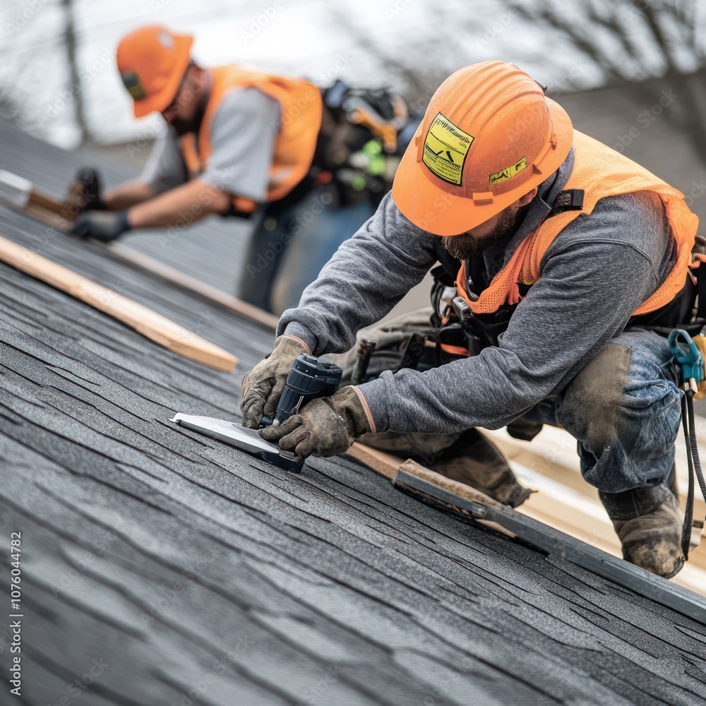 Installation of fresh asphalt shingles to the roof using pneumatic air nails to prevent leaks during the rainy season Installation of fresh asphalt shingles to the roof using pneumatic air nails to prevent leaks during the rainy season