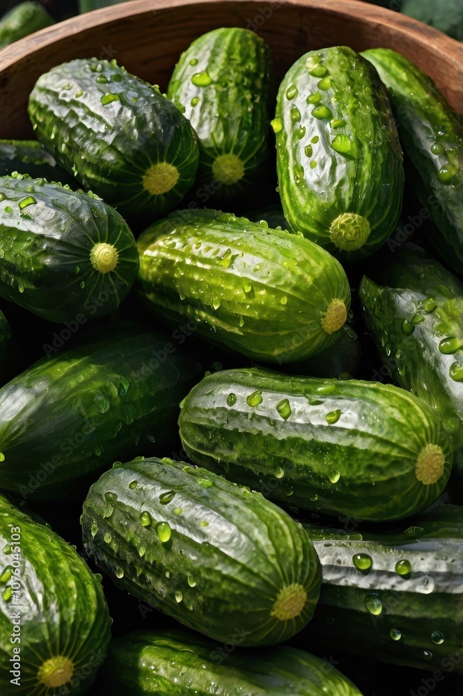 Fresh cucumbers in wicker basket with water droplets suggesting freshness Fresh cucumbers in wicker basket with water droplets suggesting freshness
