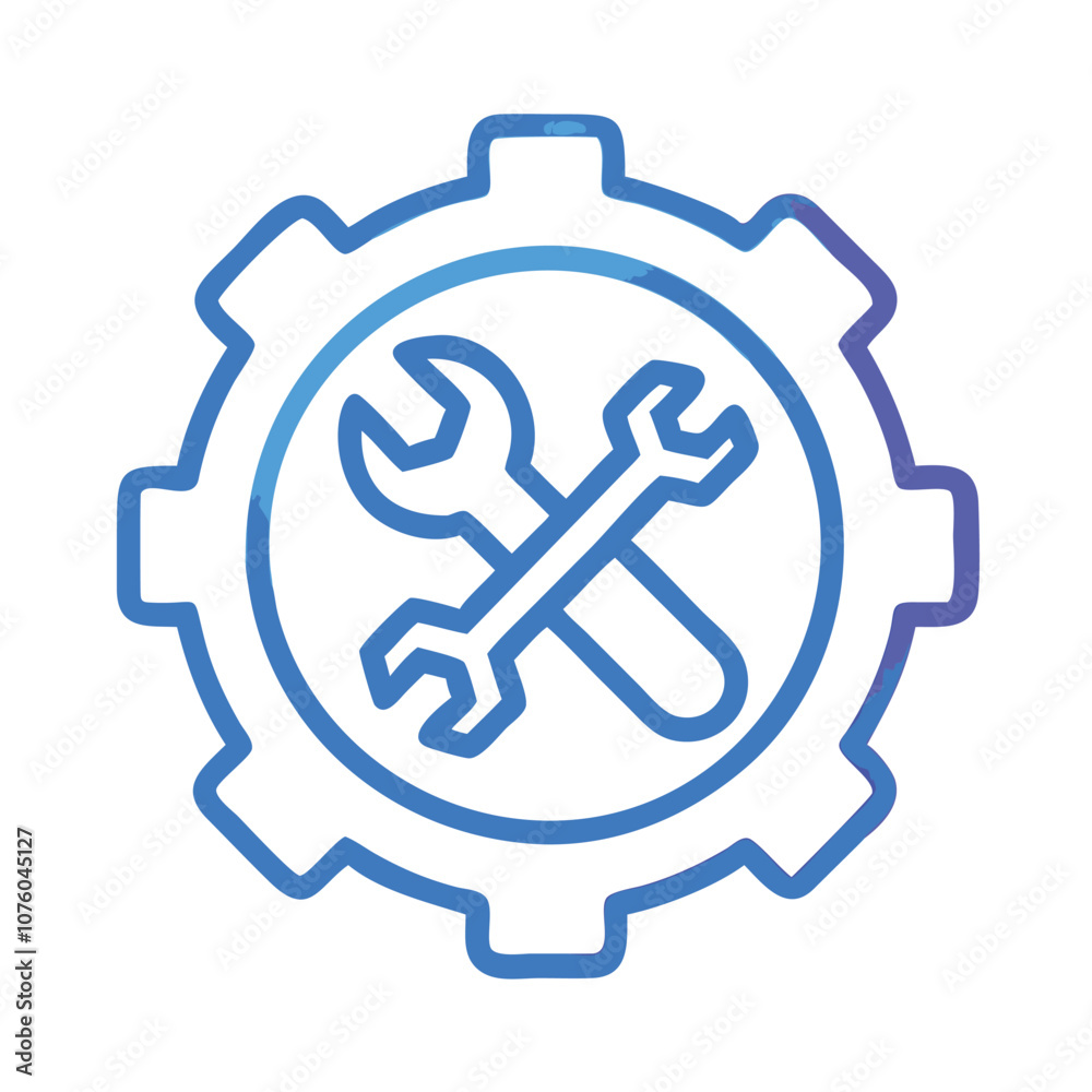 Wrench and screwdriver icon with gear in gradient, Vector illustration of a crossed wrench and screwdriver over a gear, depicted in a pink and blue gradient style, symbolizing repair, maintenance, and Wrench and screwdriver icon with gear in gradient, Vector illustration of a crossed wrench and screwdriver over a gear, depicted in a pink and blue gradient style, symbolizing repair, maintenance, and