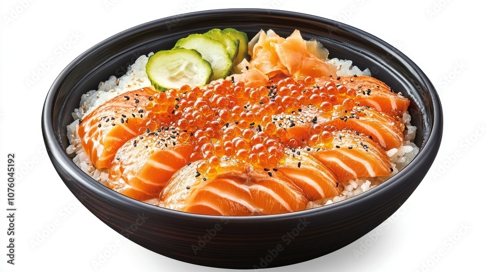 Traditional Japanese Donburi Bowl with Salmon and Toppings Traditional Japanese Donburi Bowl with Salmon and Toppings