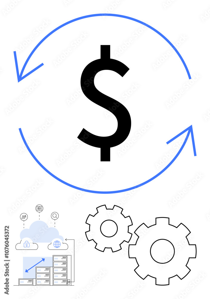 Dollar sign surrounded by circular arrows symbolizes financial growth. Cluster of servers beneath cloud storage, icons, gears represent automation and technology. Ideal for business, finance Dollar sign surrounded by circular arrows symbolizes financial growth. Cluster of servers beneath cloud storage, icons, gears represent automation and technology. Ideal for business, finance