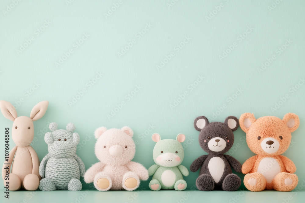 An adorable collection of plush toys in pastel colors, perfect for children's rooms. An adorable collection of plush toys in pastel colors, perfect for children's rooms.