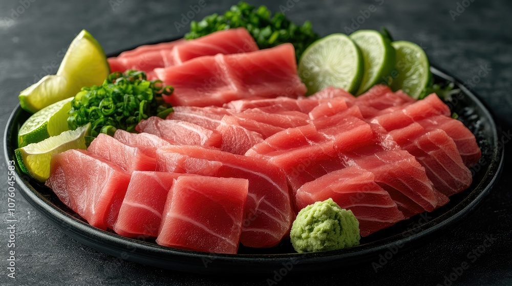 Fresh Japanese Sashimi Platter with Lime and Garnish Fresh Japanese Sashimi Platter with Lime and Garnish