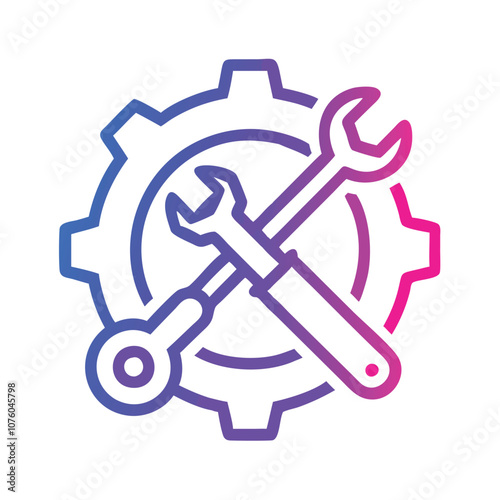 Wrench and screwdriver icon with gear in gradient, Vector illustration of a crossed wrench and screwdriver over a gear, depicted in a pink and blue gradient style, symbolizing repair, maintenance, and